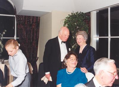 Fletcher Challenge Ltd: 1990 Sir James [JC] Fletcher's retirement from the Board - (l-r) Lord Denman, Lady Margaret Trotter, Lady Vaughan Fletcher, and Keith Brown; 1990