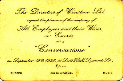 Winstone Ltd: 19Sep1929 invitation to a Conversazione evening for staff at Scots Hall, Symonds St
